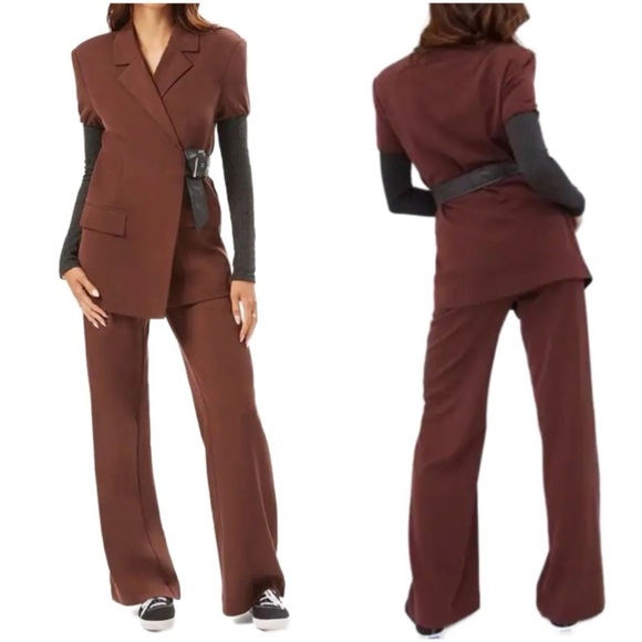 NWT WeWoreWhat Ribbed Brown Blazer and Pants Set with Black Belt Suit - Picture 6 of 7